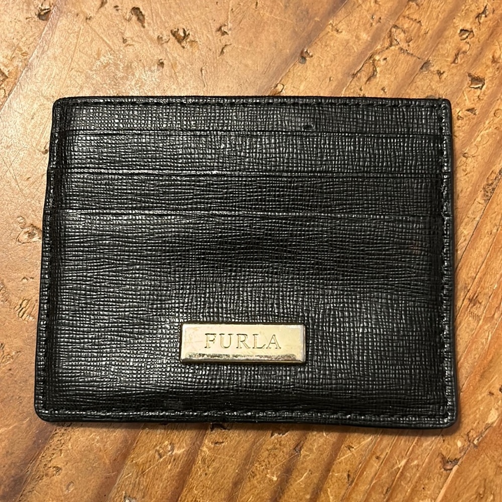 FURLA Black textured onyx Saffiano leather card & credit card holder men’s style